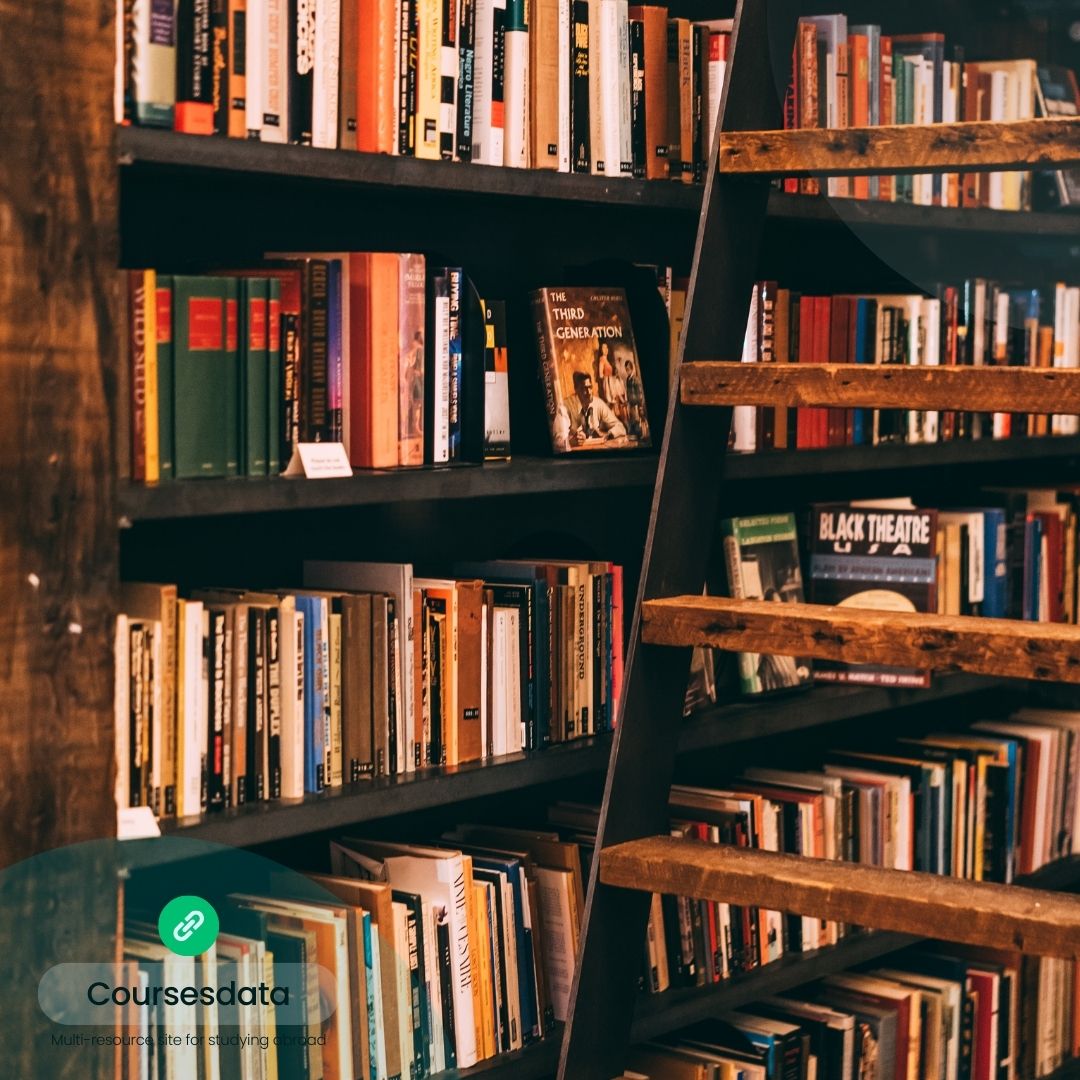 Bookshelves filled with colorful books.