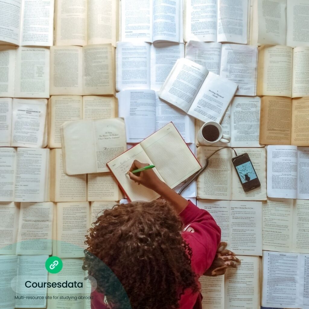 Studying surrounded by open books.