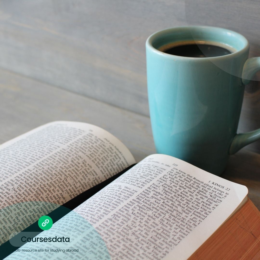 Open book and coffee mug.