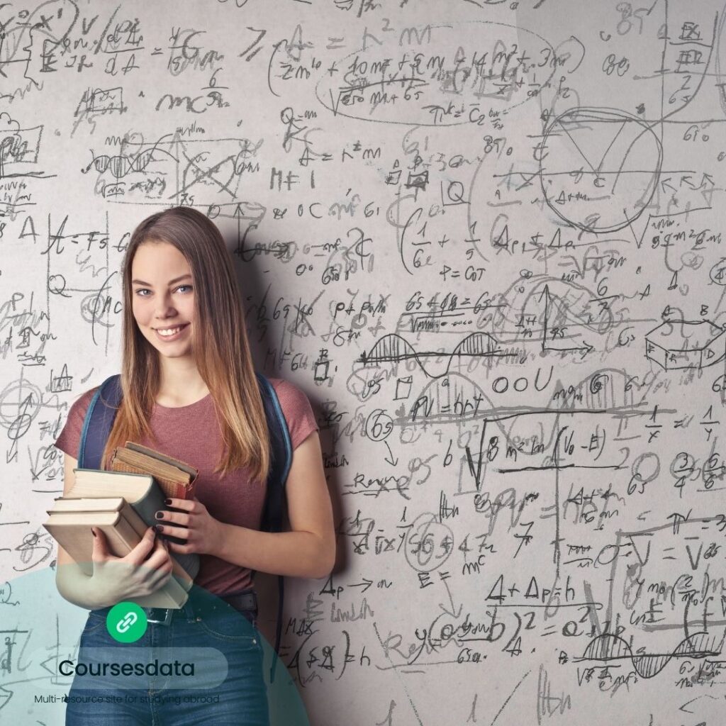 Student holding books, math background.