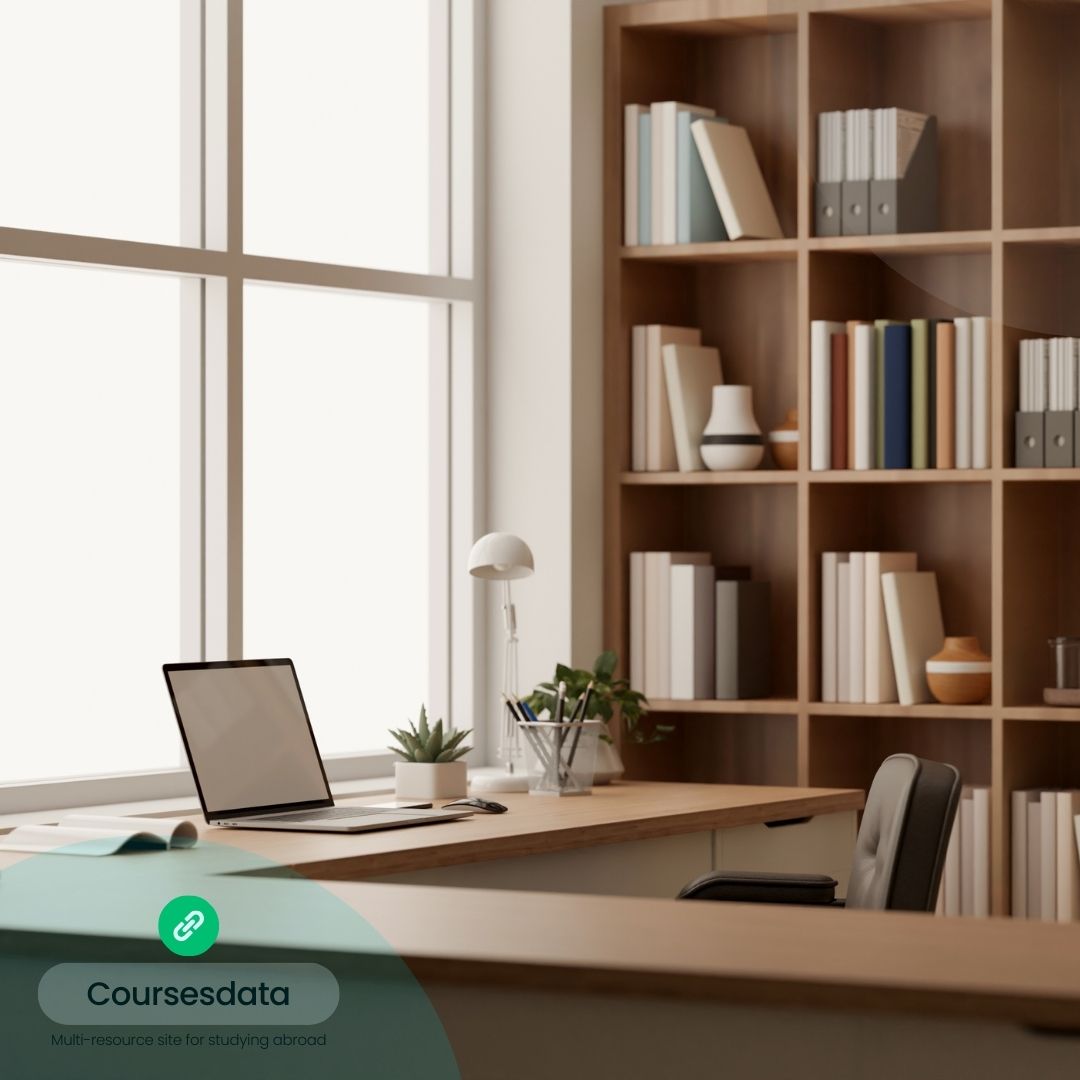 Modern office with bookshelf backdrop.