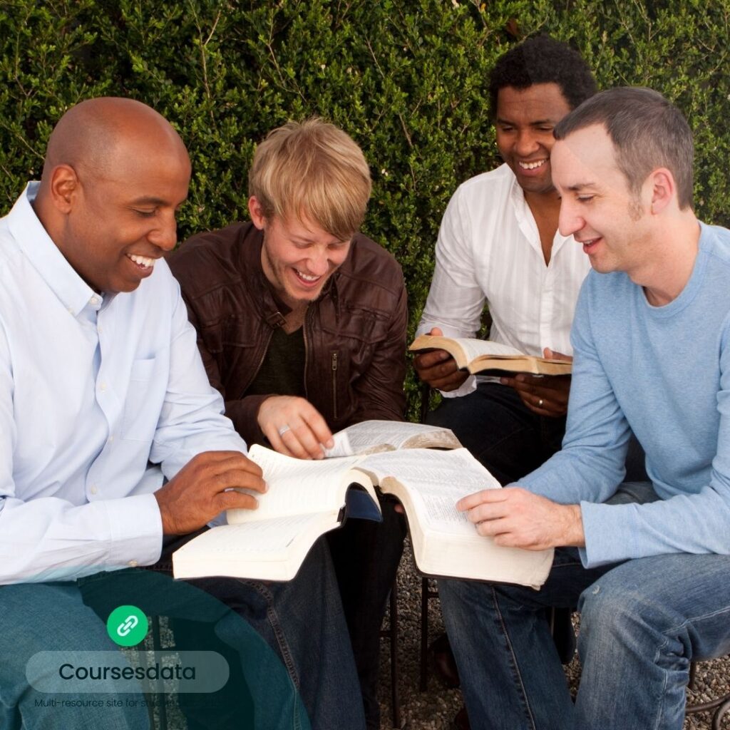 Four friends reading together.