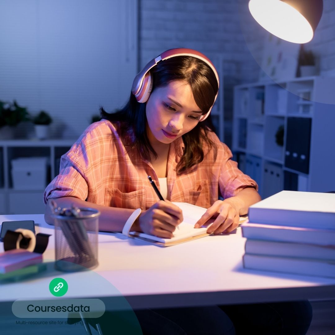 Woman studying at night.