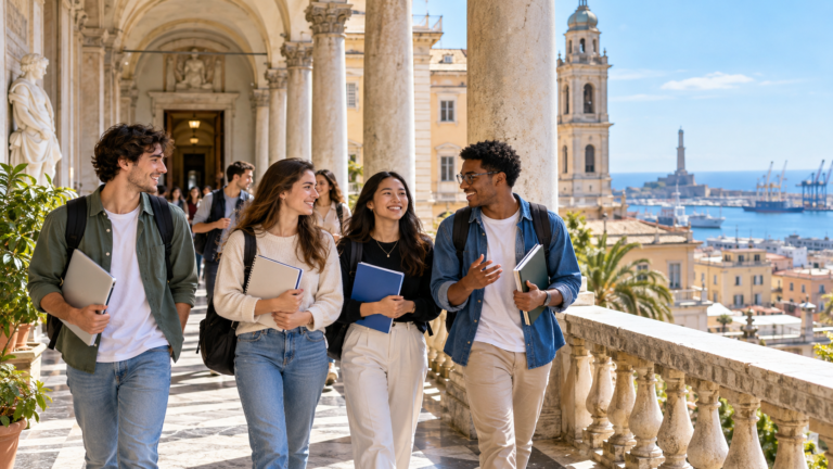 International students walking through a historic Genoa university courtyard