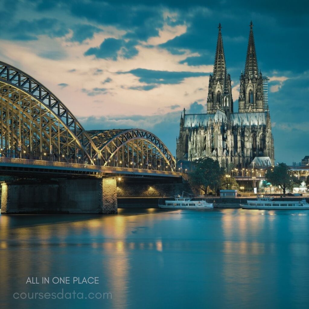 Cologne Cathedral at dusk. Hohenzollern Bridge arches. Reflections on flowing river. Cloudy sky with sunset hues. Boats anchored by riverbank.