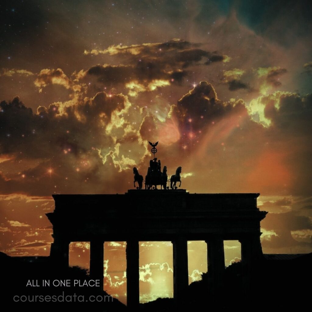 Brandenburg Gate silhouette, vibrant clouds.