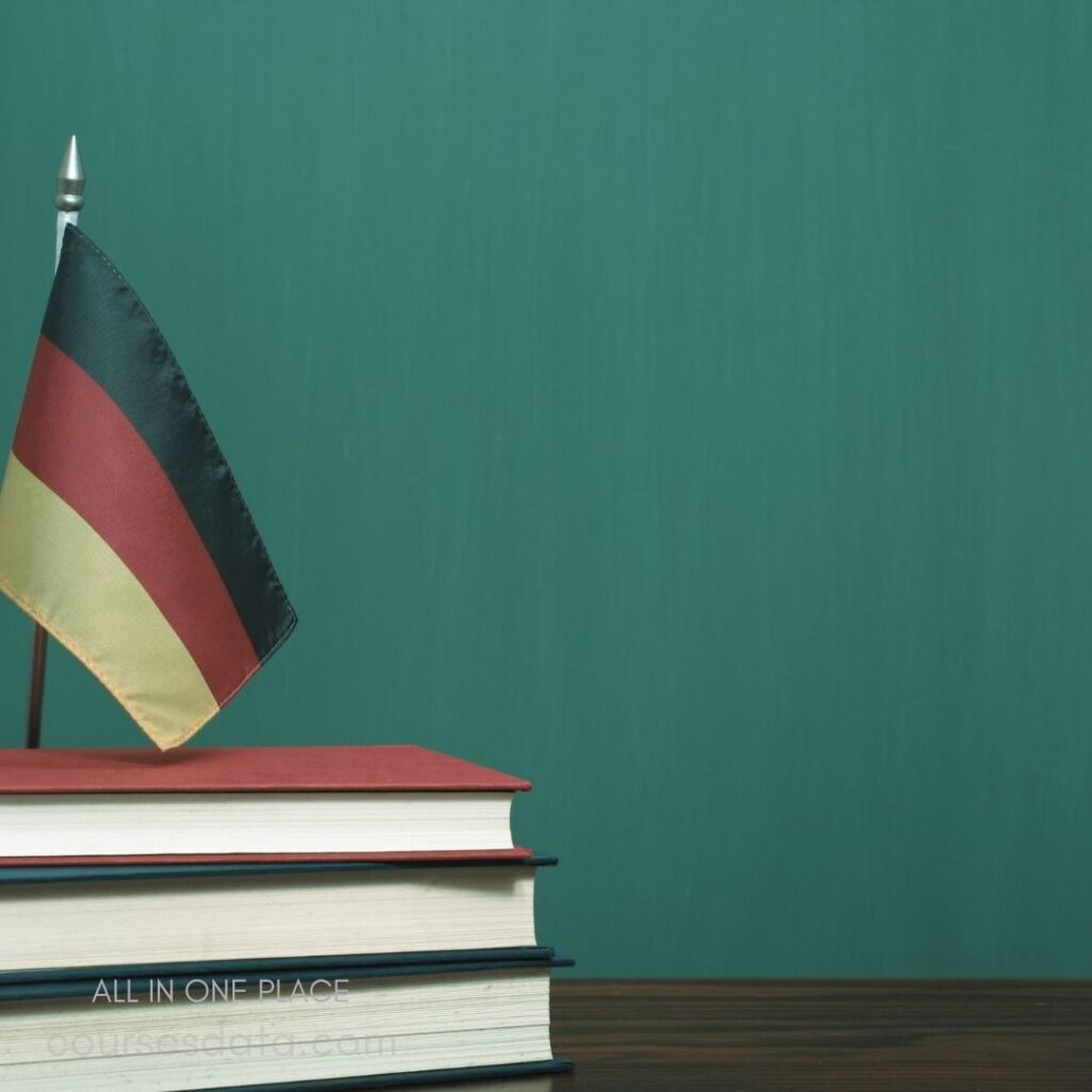 German flag on desk. Stack of colorful books. Green chalkboard background. Simple, scholarly presentation. Educational theme emphasized.