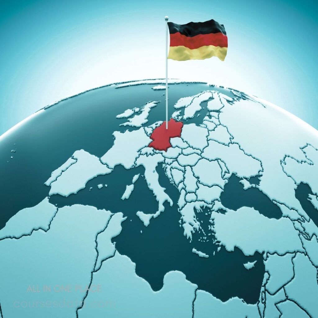 Germany highlighted on globe. German flag waving above. Map of Europe in background. 3D representation of landmass.