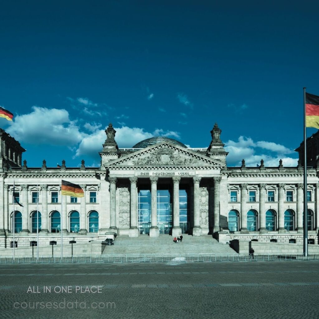 Reichstag building facade, blue sky. German flags waving, steps visible. "Dem Deutschen Volke" inscription prominent.