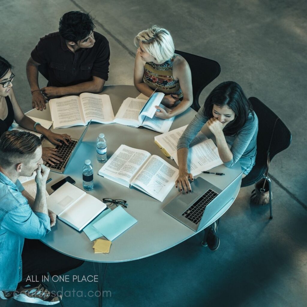 Group study session at table. Textbooks and laptops present. Five students engaged in discussion. Casual indoor workspace environment. Water bottles and stationery visible.