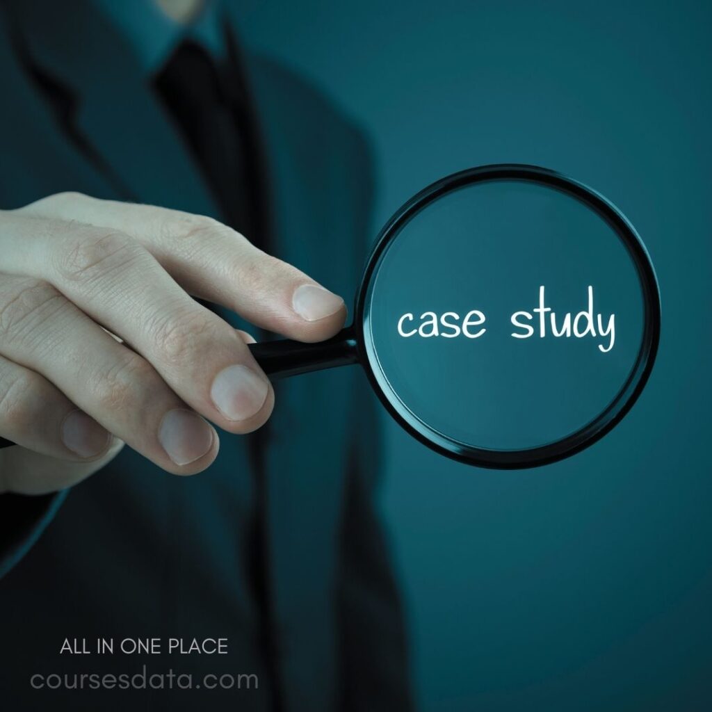 Magnifying glass revealing text. Text reads "case study." Professional hand holding tool. Dark blue background. Additional text: "All in One Place."