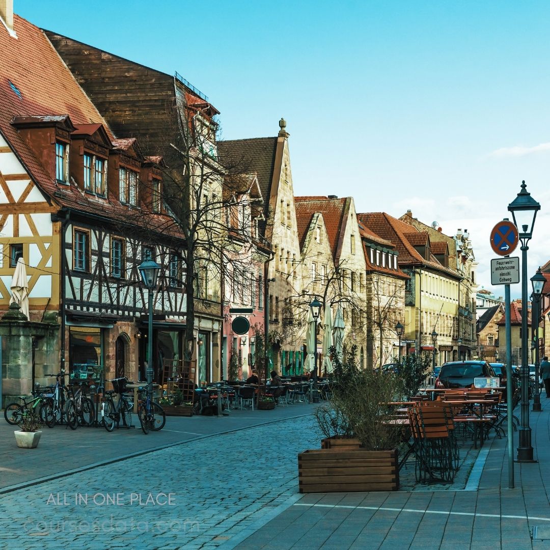 Charming cobblestone street. Historic buildings line sidewalk. Outdoor dining tables visible. Bicycles parked along curbs. Clear blue sky overhead.