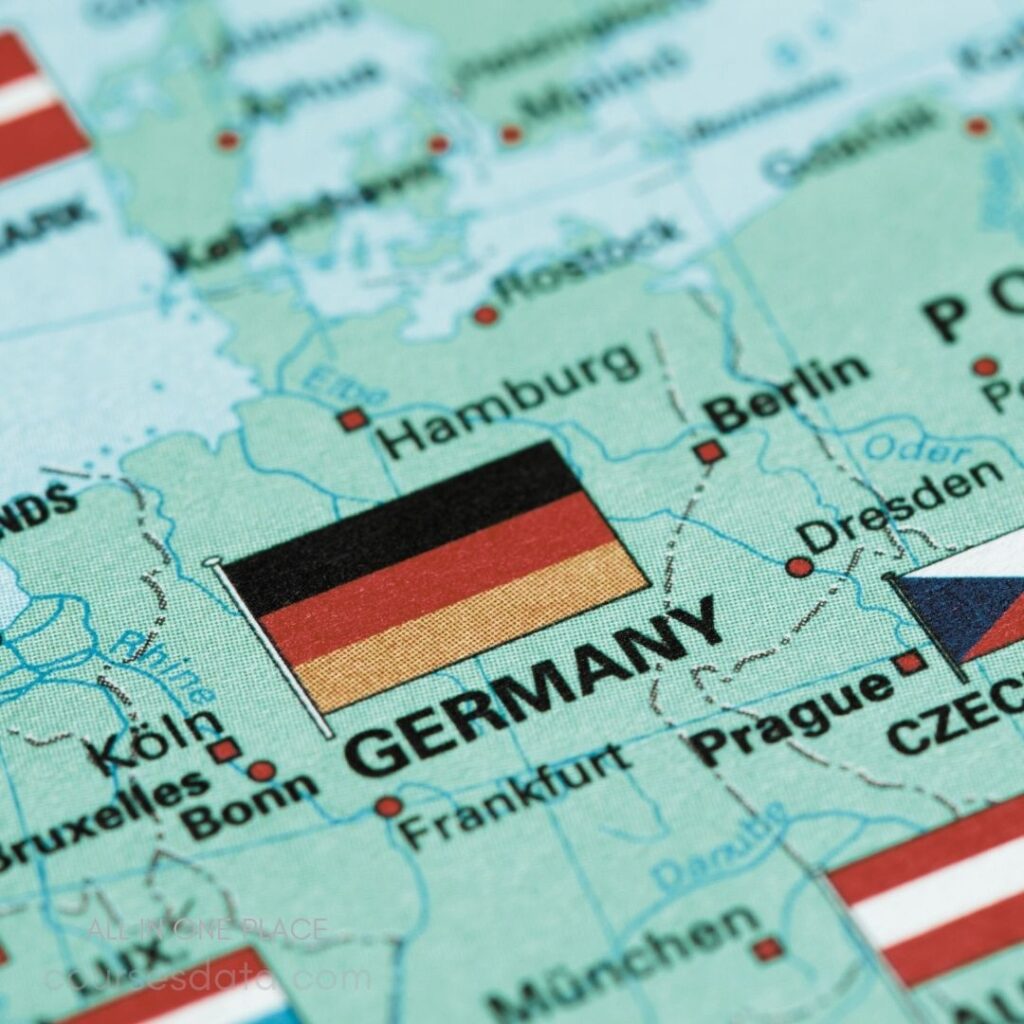 Map highlighting Germany. Black, red, yellow flag. Major cities: Berlin, Hamburg, Frankfurt. Neighboring countries visible.