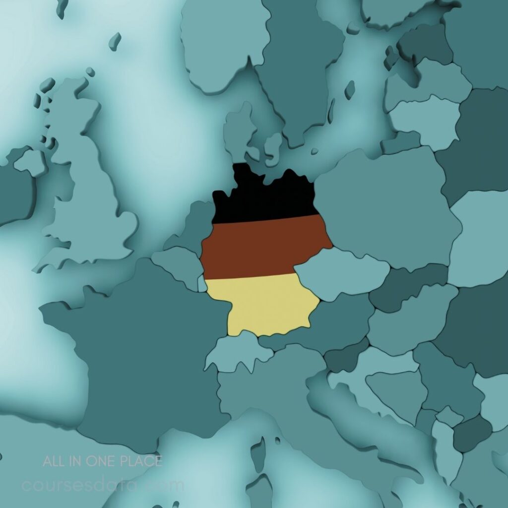 Map of central Europe regions. Highlighted area represents Germany. Color gradient illustrating borders. Several countries in background. Course resources noted at bottom.