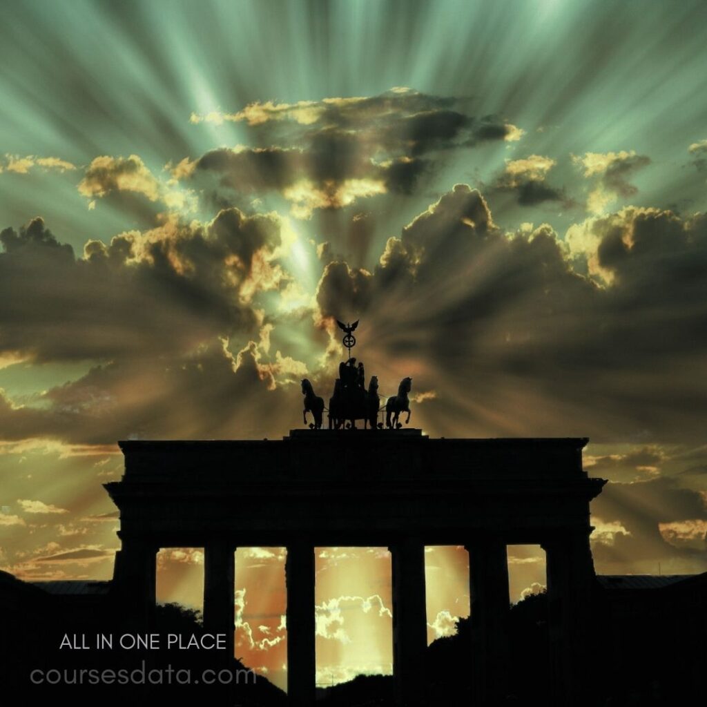 Brandenburg Gate silhouette, dramatic clouds.