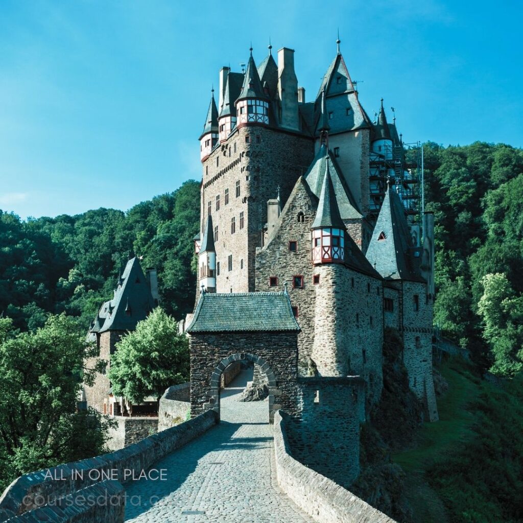 Castle on a hill. Stone architecture details. Surrounded by lush greenery. Clear blue sky backdrop. Bridge leading to entrance.