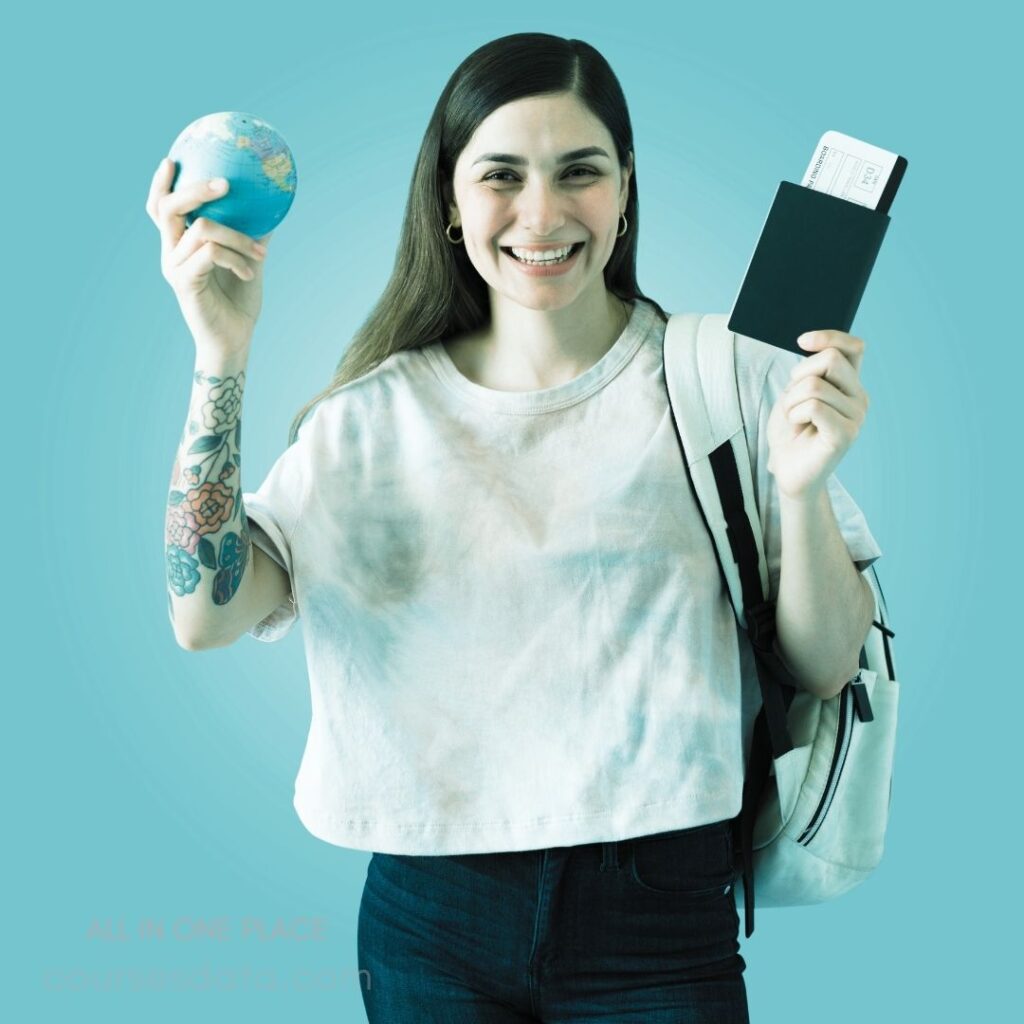 Smiling woman holding globe. Passport and ticket in hand. Casual outfit with backpack. Teal background emphasizes subject. Tattooed arm visible in photo.