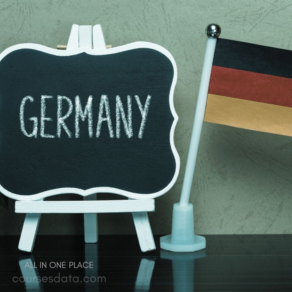 Chalkboard reading "Germany." Small German flag nearby. Neutral background, black surface.