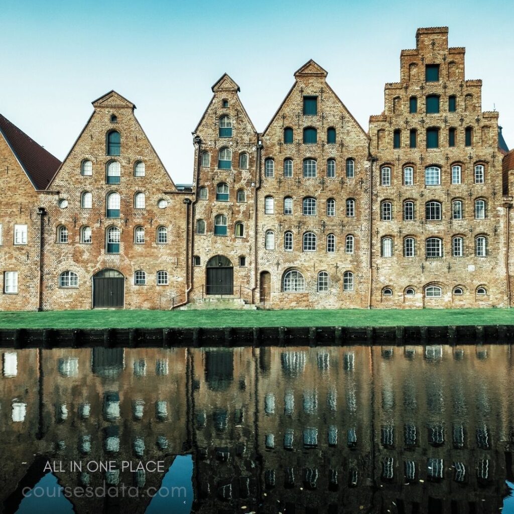 Historic brick warehouses reflections. Waterfront view with greenery. Clear blue sky in background. Unique gable roofs design. Symmetrical architectural details visible.