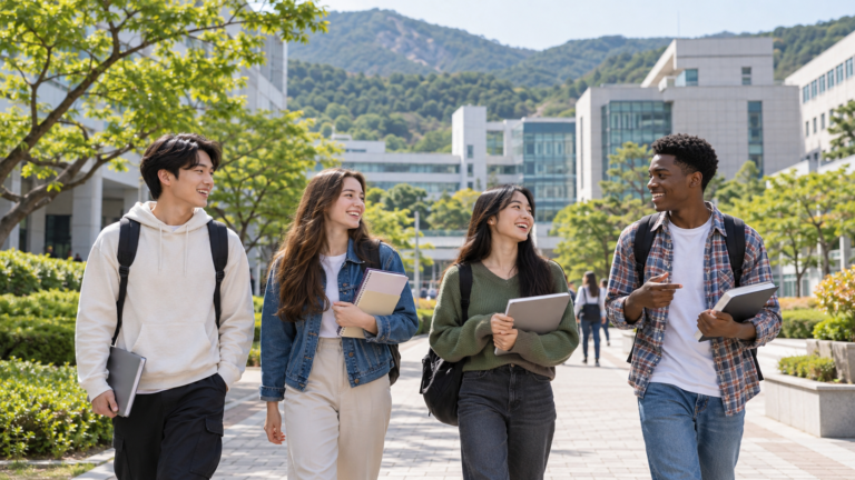 International students walking across the Kyungnam University campus
