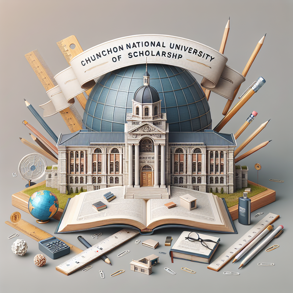 Chuncheon National University model. Open book centerpiece. Globe with pencils, rulers. Academic tools and materials. Creative scholarly display art.