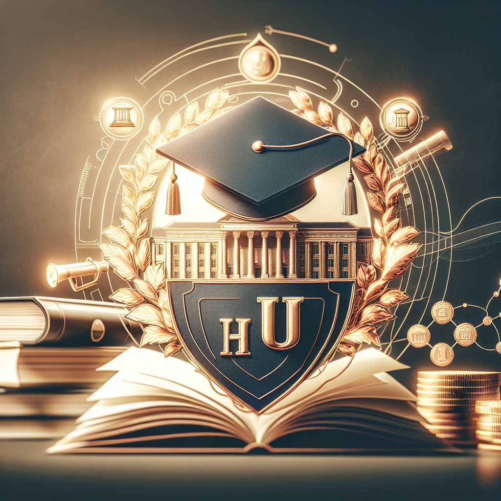 Graduation cap on shield. "HU" initials prominent. Laurel wreath surrounds emblem. Open book beneath shield. Background features academic symbols.