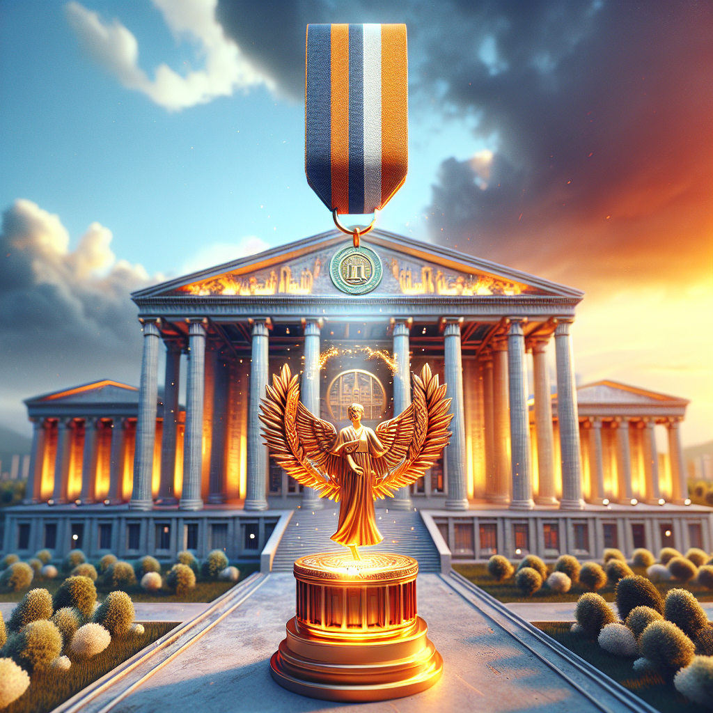 Golden award statue, angel figure. Majestic building in background. Orange and blue striped medal. Dramatic clouds, sunset lighting. Lush greenery in foreground.