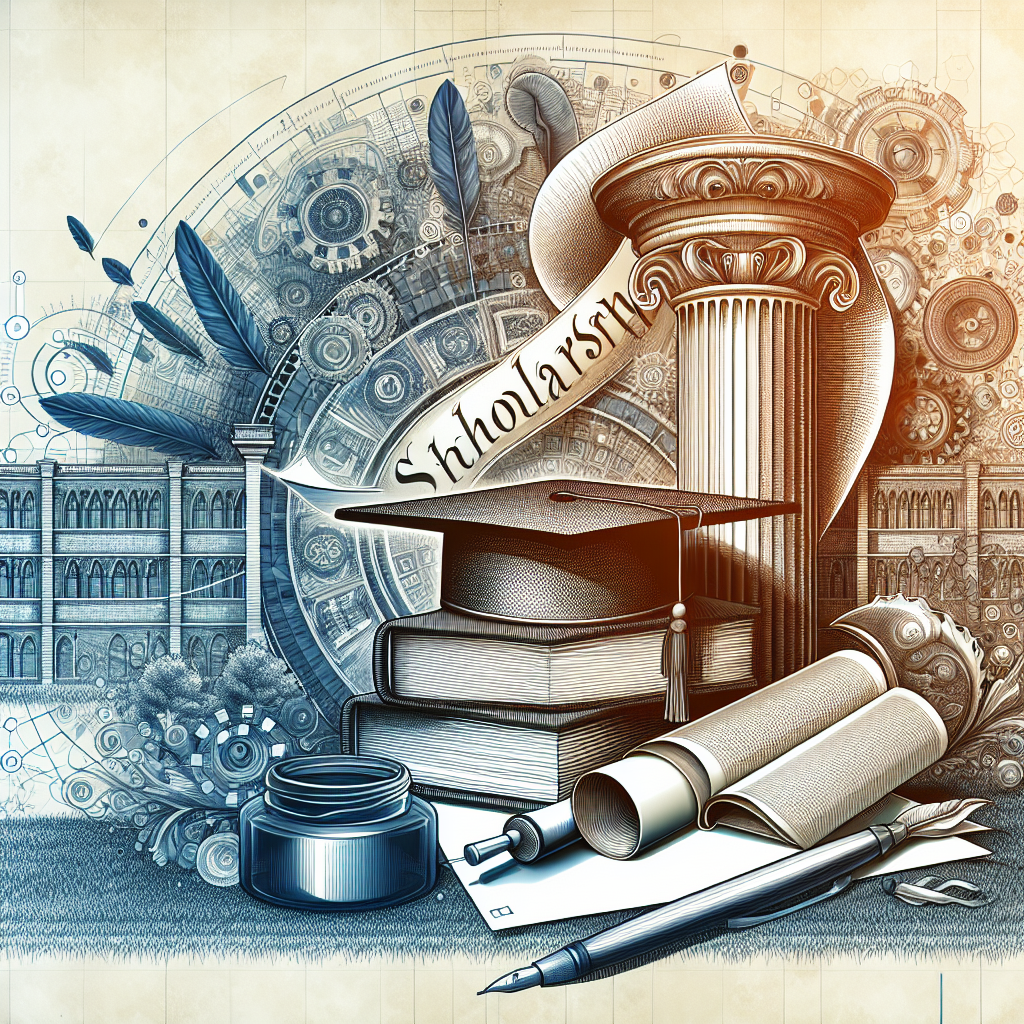 Graduation cap on books. Decorative column and scrolls. Ink jar and pens nearby. Symbolic scholarly elements included. Background features intricate designs.