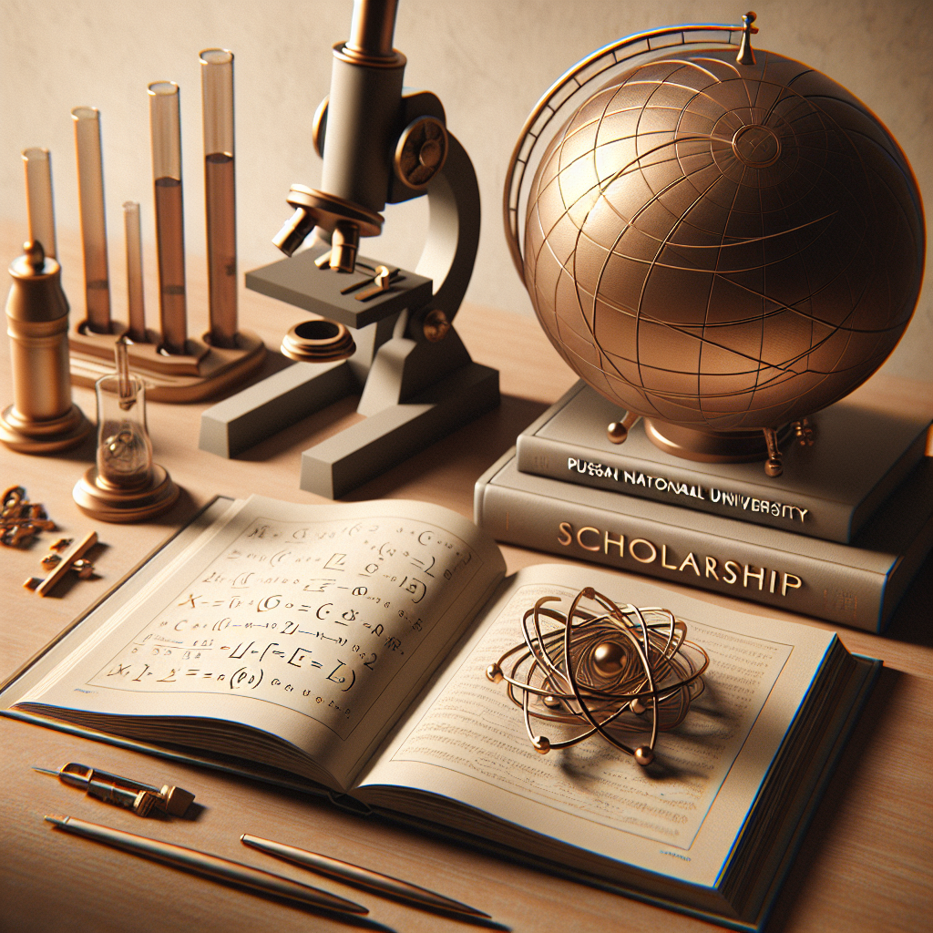 Microscope, globe, and textbooks. Open book with equations. Scientific instruments arranged neatly. Bronze color theme throughout. Scholarship theme emphasized visibly.