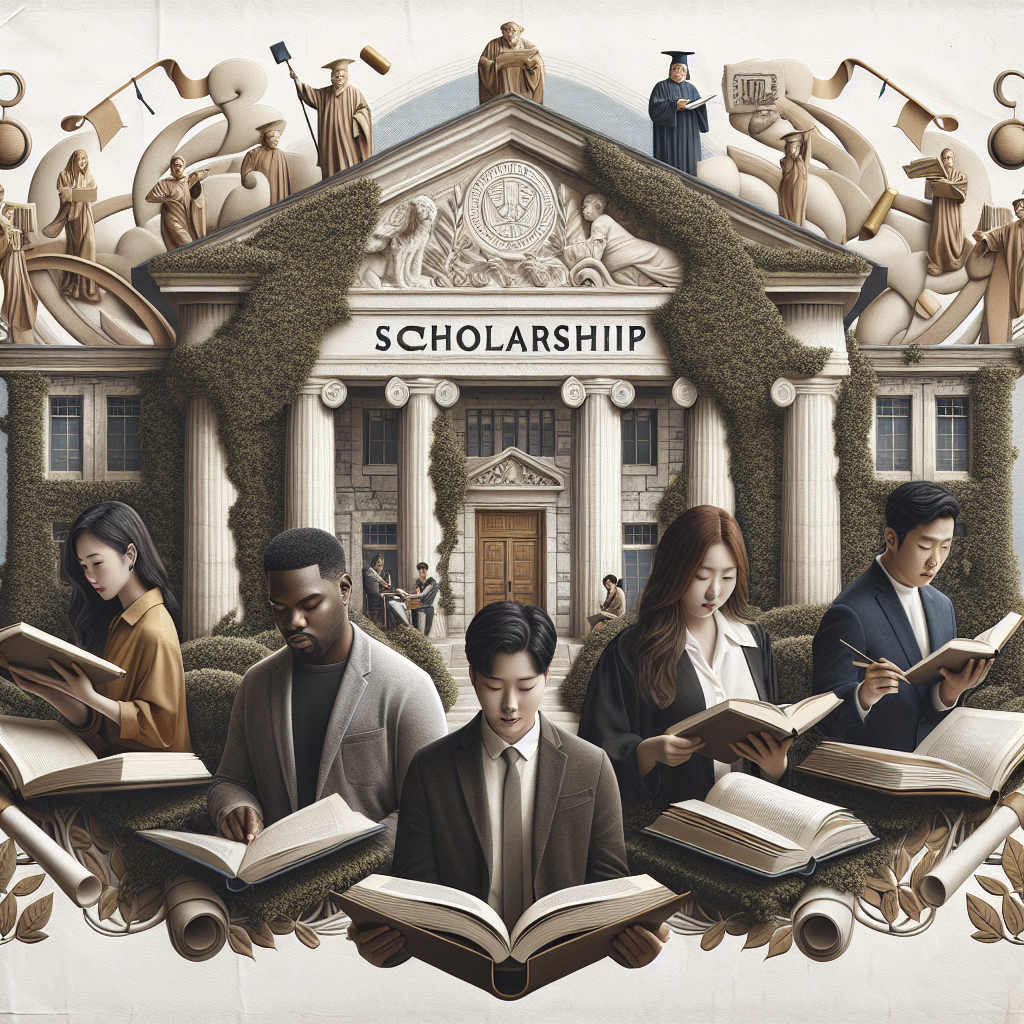 Scholarship-themed illustration. Four students reading books. Historic building in background. Nature elements entwined decoratively. Graduation imagery throughout design.