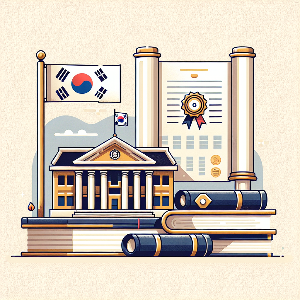 South Korean flag waving. Government building illustration. Diploma with certificate seal. Stack of thick, bound books. Soft pastel background colors.