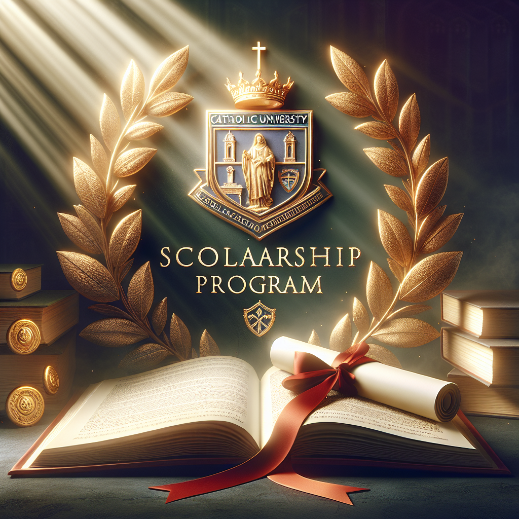 Scholarship program announcement, Catholic University. Gold laurel leaves, open book. Diploma with red ribbon. Emblem background, radiant light.