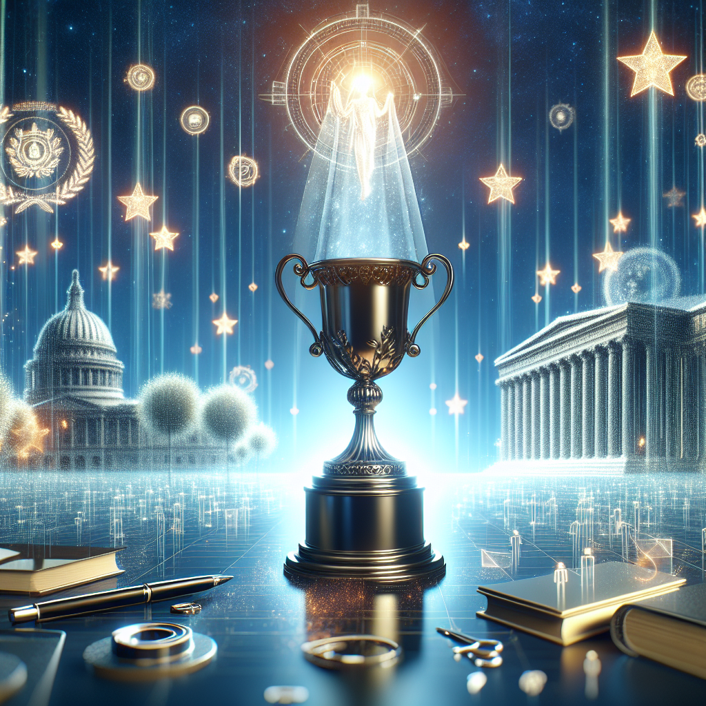 Trophy on reflective surface. Shining light above trophy. Capitol building in background. Stars and glowing symbols. Desk items scattered nearby.