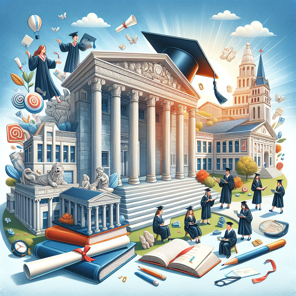 Graduation scene with students. Historic buildings in background. Books and diplomas scattered. Celebratory atmosphere with balloons. Motivational symbols and elements.