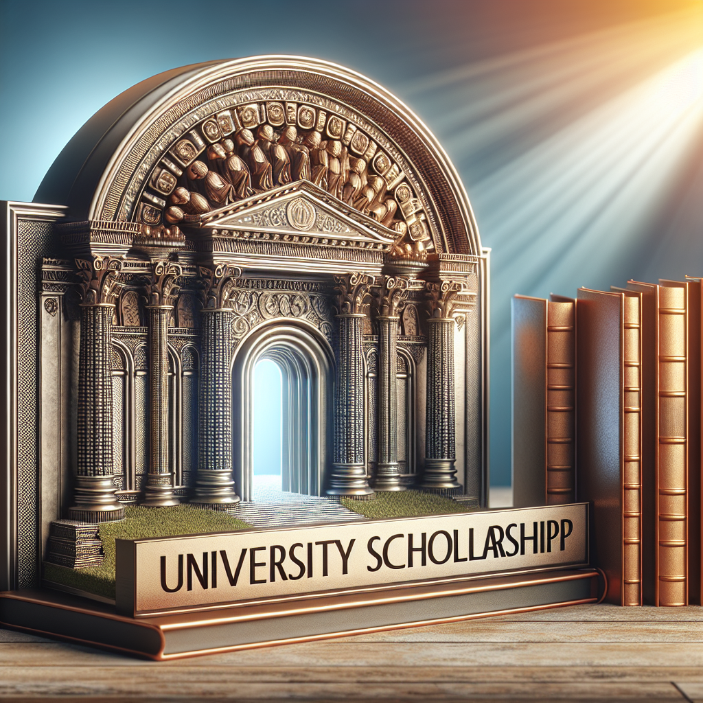 Decorative university archway model. "University Scholarship" title prominently displayed. Grouped books beside the archway. Soft light illuminating the scene.