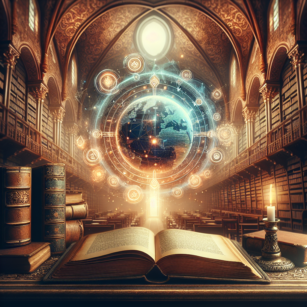 Ancient library with globe. Open book in foreground. Magic symbols and light. Candle illuminates the scene. Ornate architecture surrounds.