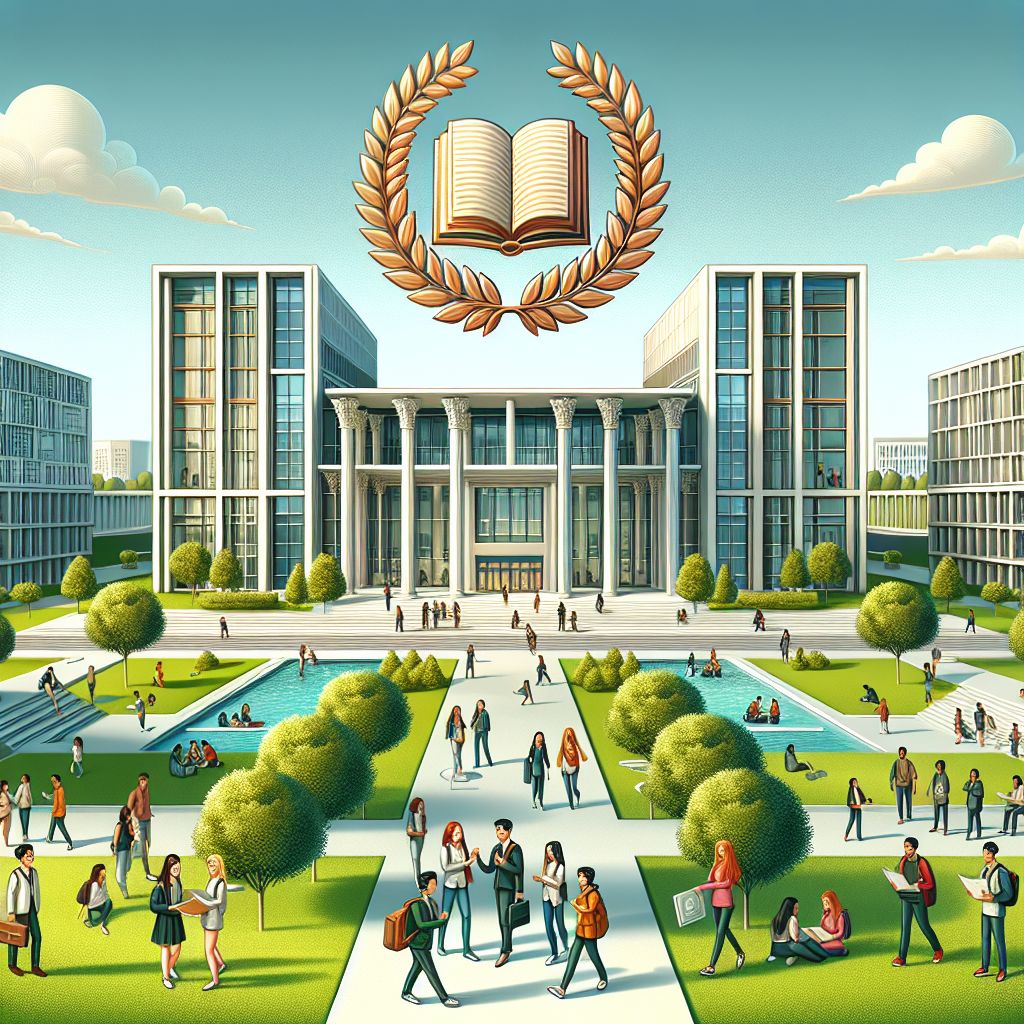 University campus with students. Modern buildings, green landscape. Central courtyard with water features. Books and laurels emblem above. People engaging in activities.