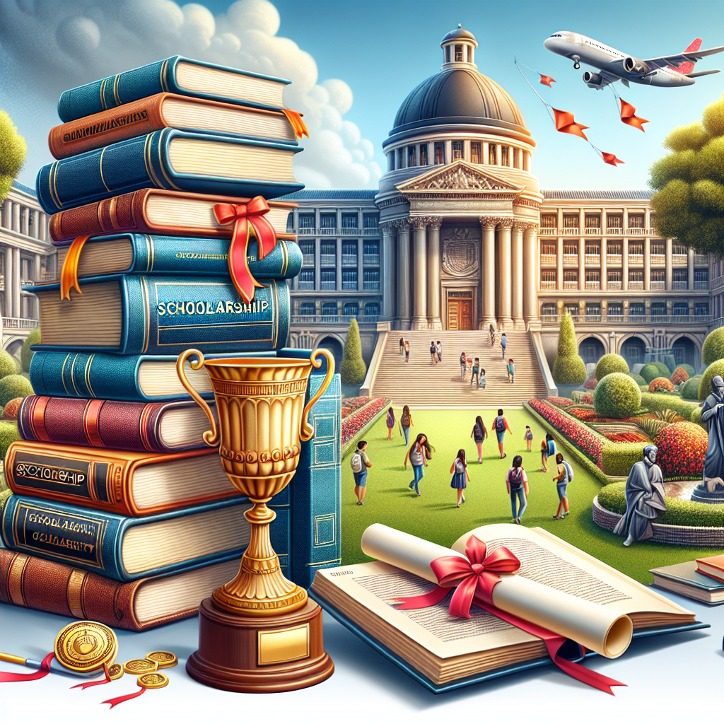 Scholarship books stacked prominently. Golden trophy at foreground. University building in background. Students walking on manicured lawn. Airplane flying with colorful kites.