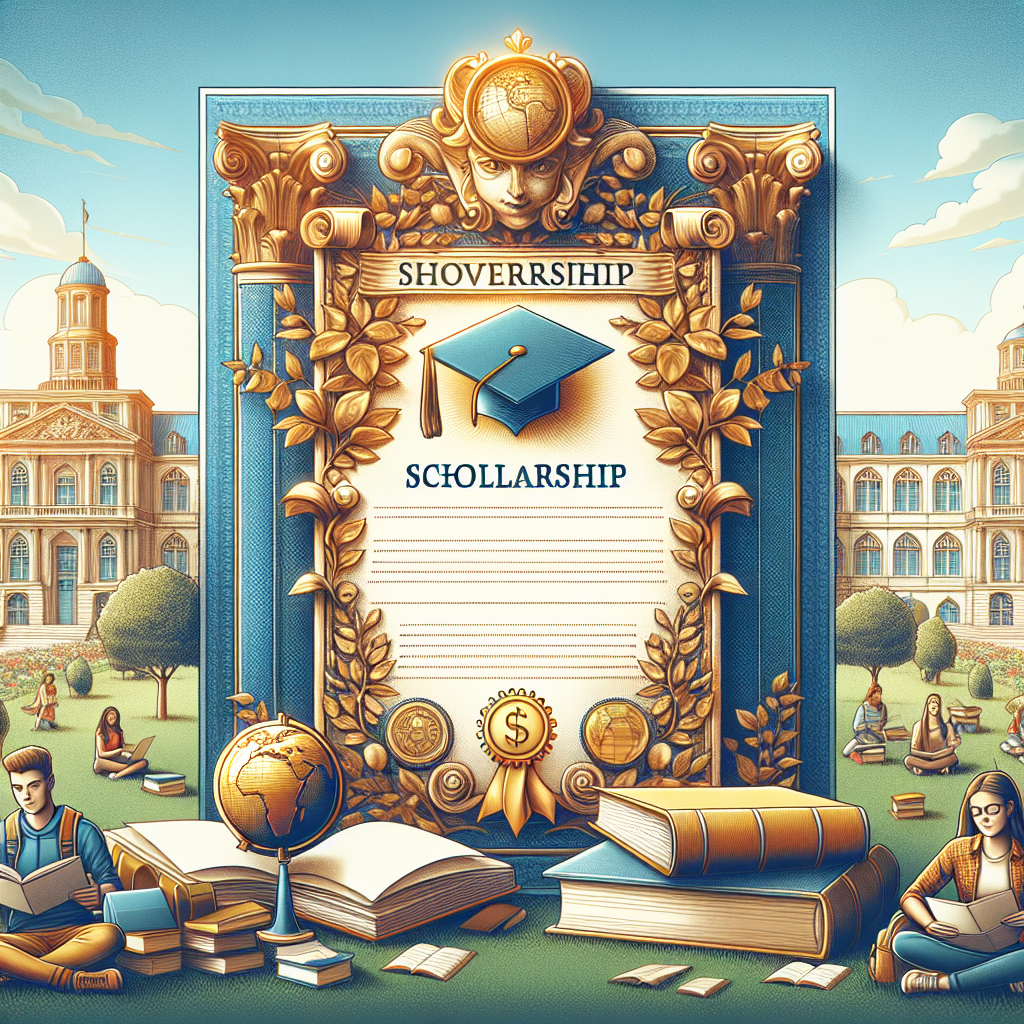 Scholarship certificate illustration. Graduation cap symbol included. Books and globe prominently featured. Students studying in background. University building visible behind.