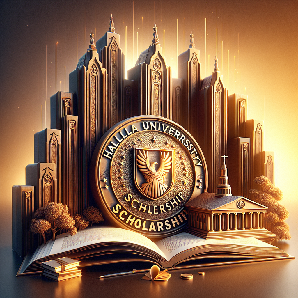 University scholarship emblem design. Open book with golden pages. Tall buildings in background. Eagle symbol on medal. Decorative trees and structures.