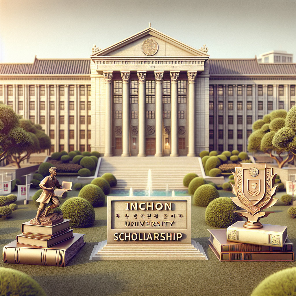 Inchon University scholarship display. Classic building architecture. Statue of a scholar. Neatly trimmed bushes. Fountain in foreground.