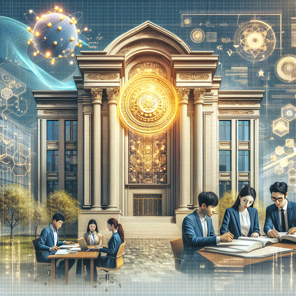 University building with digital motifs. Students collaborating at a table. Research symbols and atomic imagery. Sunny outdoor scene with trees. Modern scholarly environment depicted.