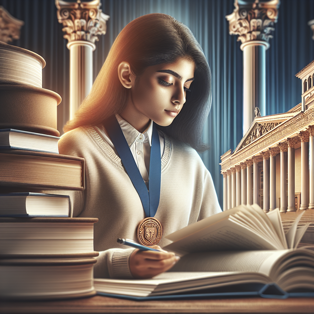 Student reading with medal. Books stacked beside her. Classical architecture in background. Determined expression on face. Bright, focused study atmosphere.