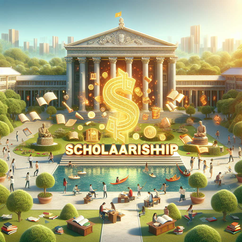 Scholarship theme illustration. Majestic building backdrop. Dollar symbol with sparkles. Students studying and collaborating. Trees and peaceful water features.