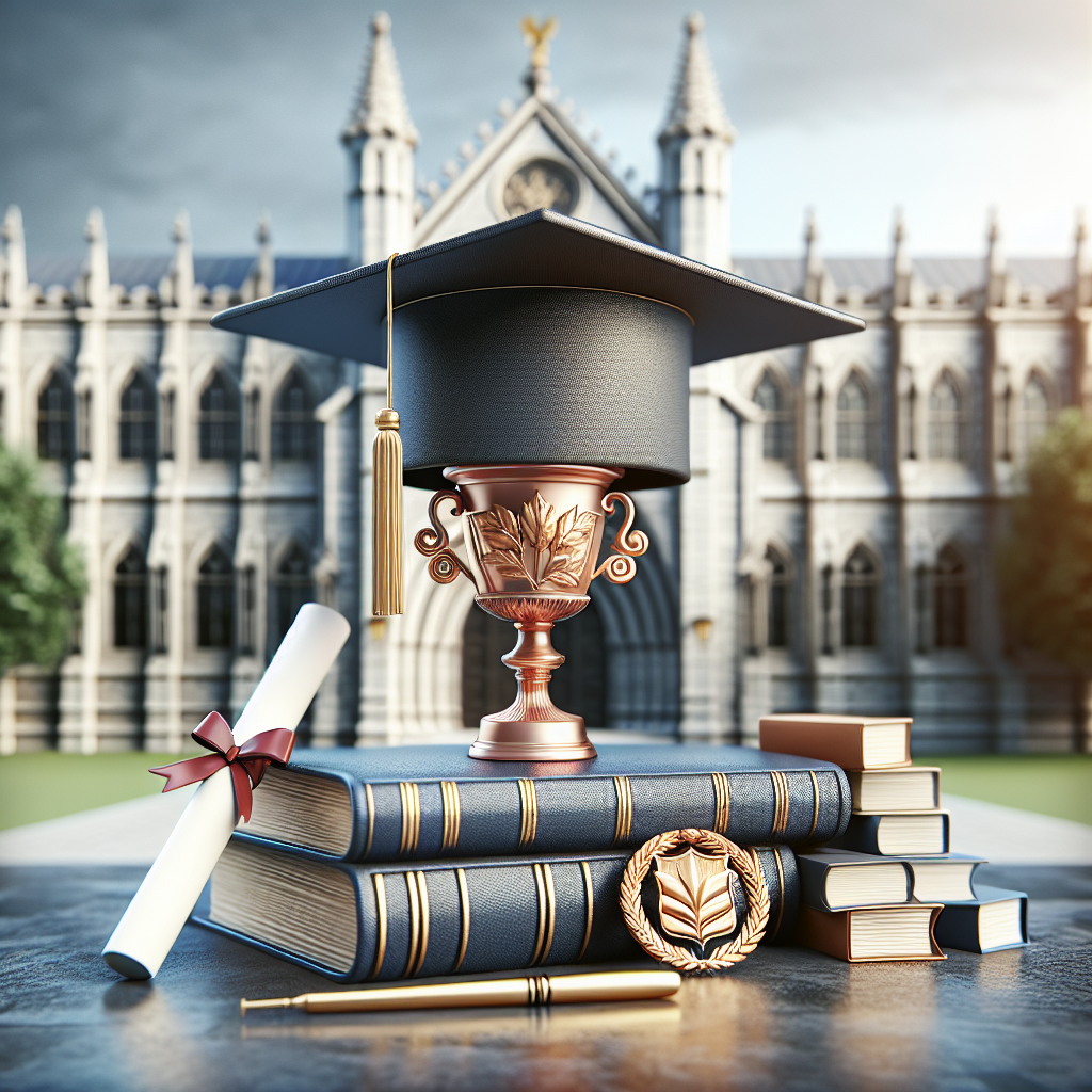 Graduation cap and trophy. Stacked books with gold detailing. Diploma with a ribbon. Pen and award medal. Historic building in background.