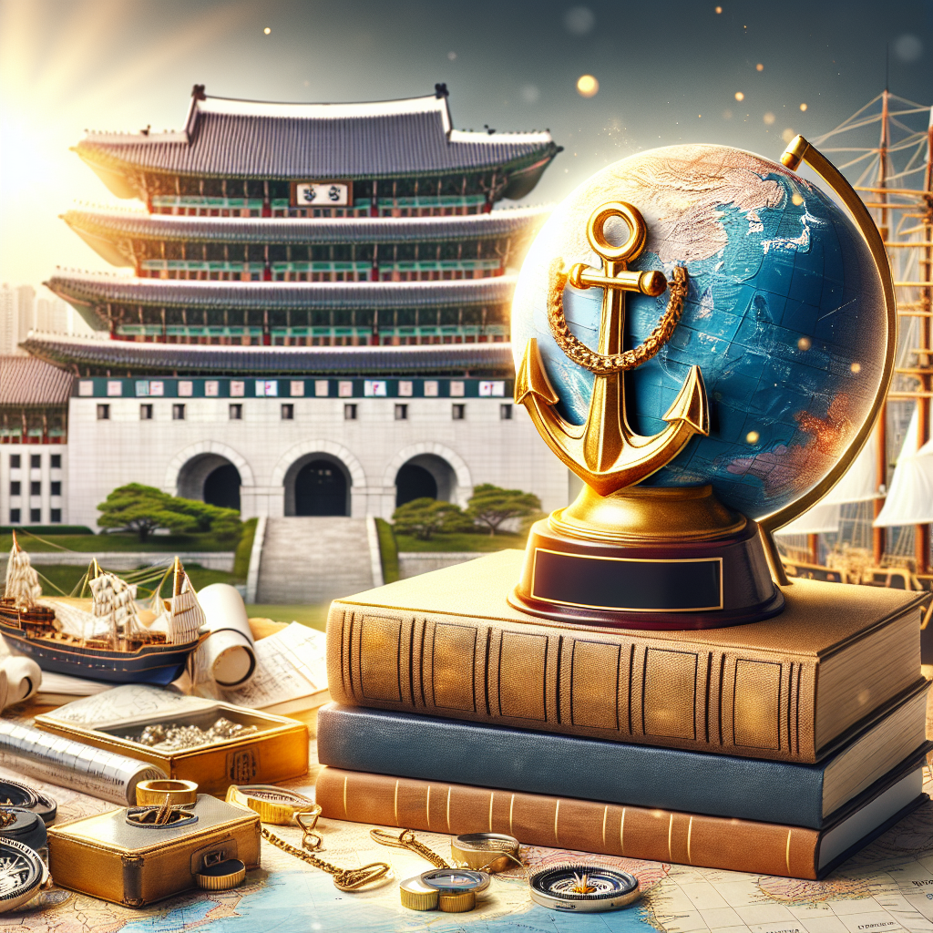 Anchor globe atop stacked books. Traditional architecture in background. Miniature ship and maps displayed. Golden sunlight illuminating scene. Coastal exploration theme depicted.