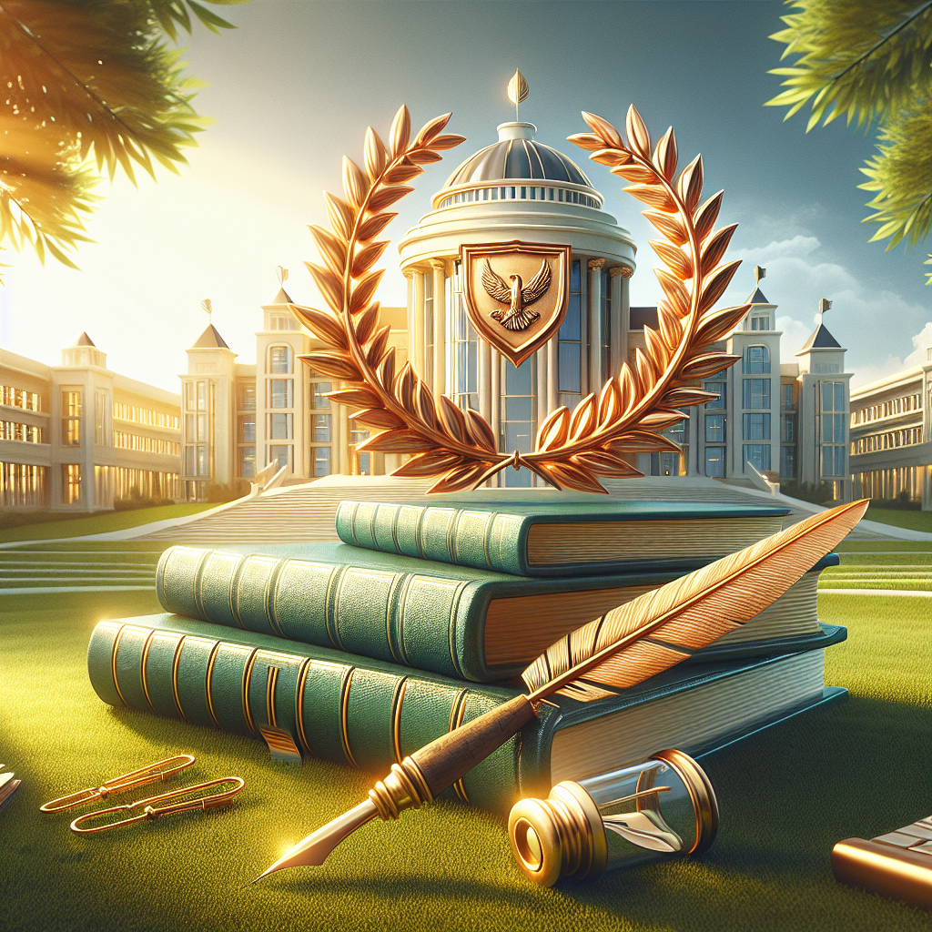 Golden laurel wreath emblem. Stacked green and blue books. Quill pen and inkpot. Elegant university building background. Sunlit, serene campus atmosphere.