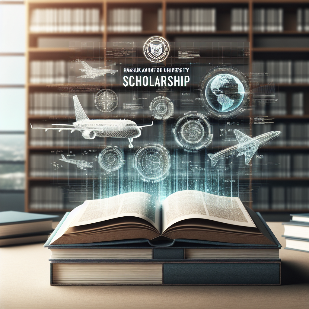 Open book, aviation scholarship theme. 3D aircraft graphics above book. Hankuk Aviation University displayed prominently. Bookshelves in background with literature. Modern, educational, and technological atmosphere.