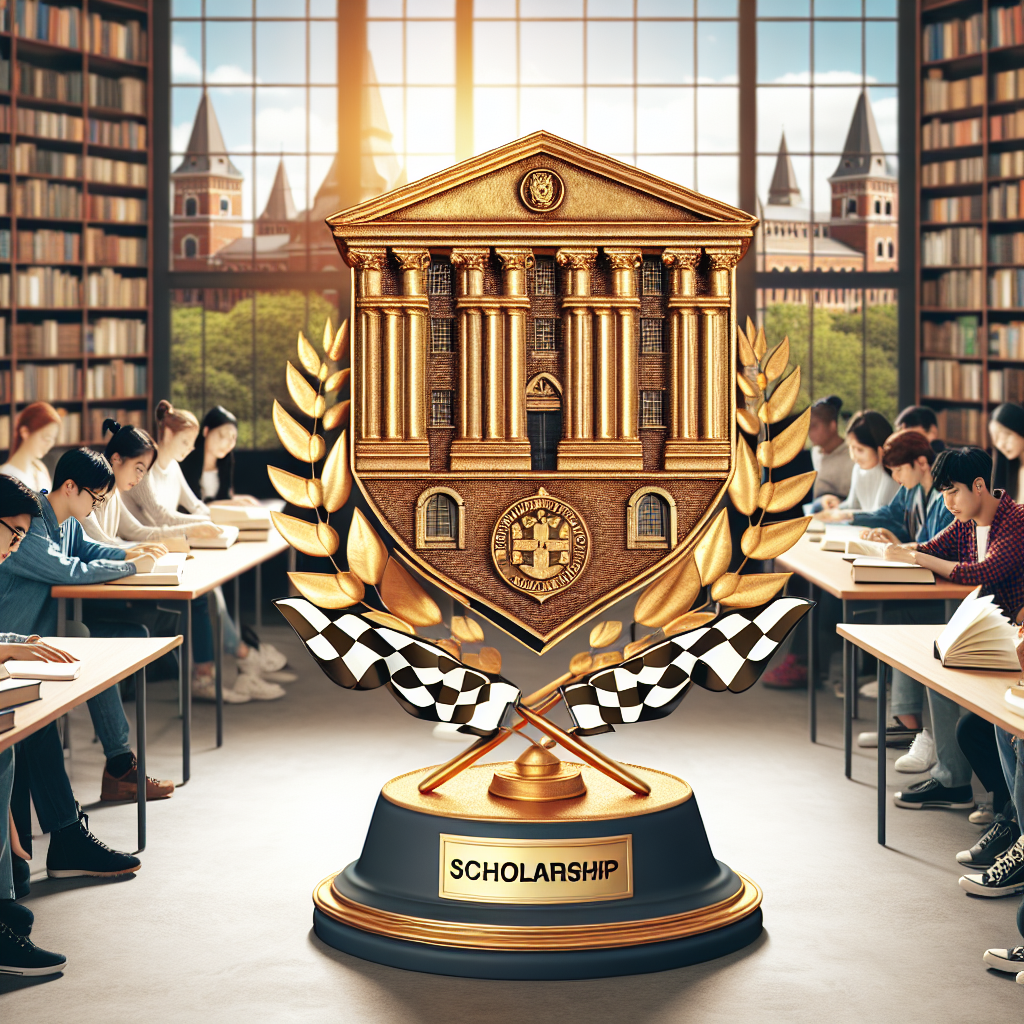 Scholarship trophy in library. Students studying at tables. Decorative columns and laurel leaves. Checkered flags crossed beneath. Window view of historical architecture.