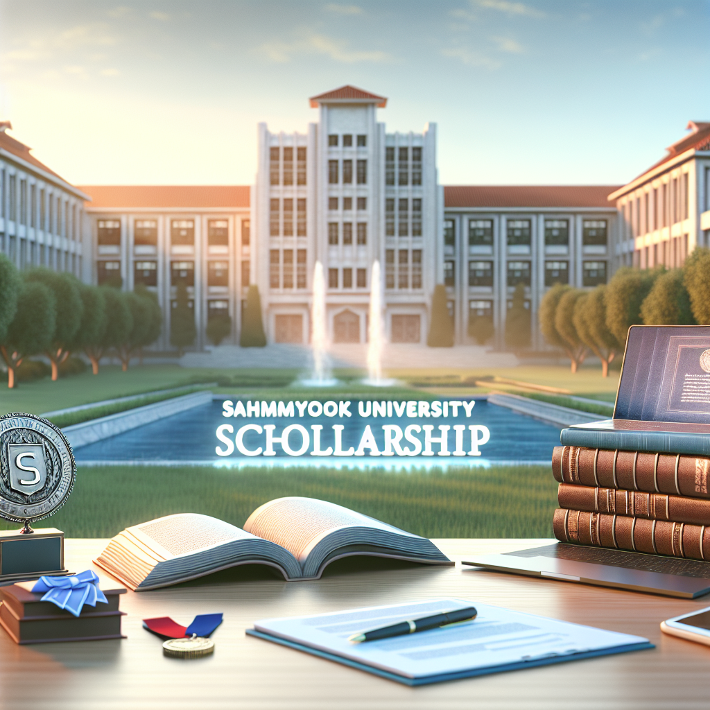 Sahmyook University campus view. Scholarship award display. Books and stationery arranged. Fountain and greenery background.